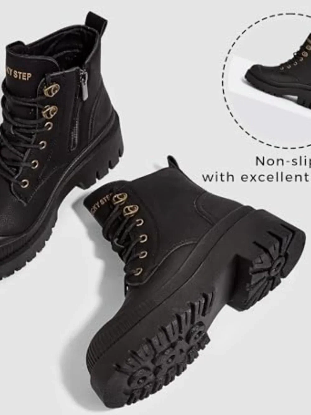 Vegan Leather Platform Ankle Boots with Side Zipper and Lug Sole